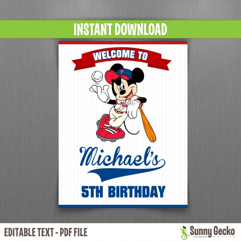 Mickey Mouse Baseball Birthday Welcome Sign
